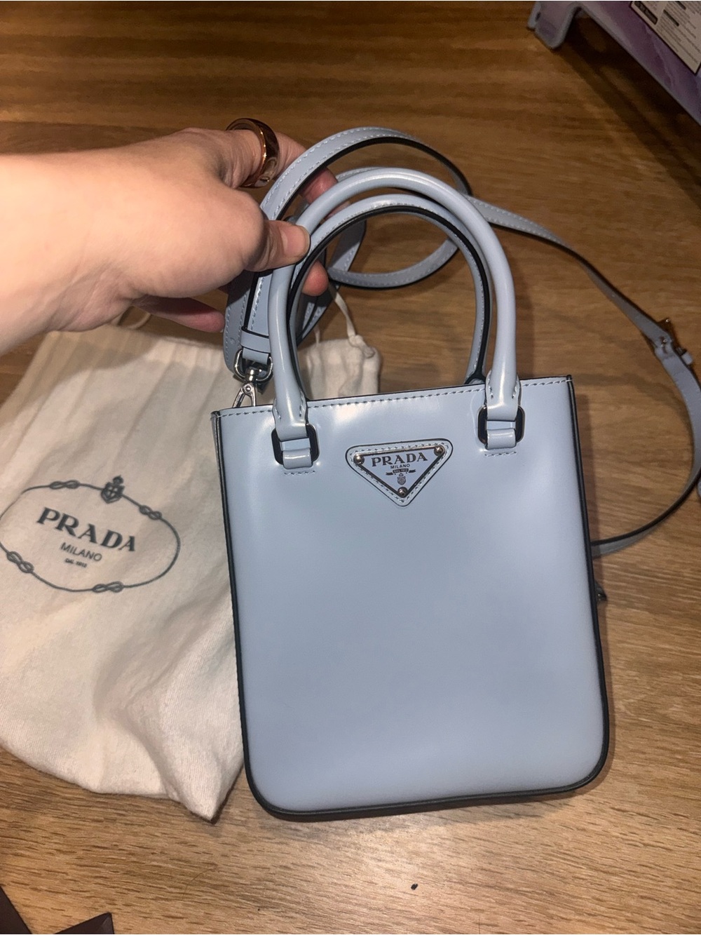 Prada Baby Blue Mini Leather Tote with Top Handles